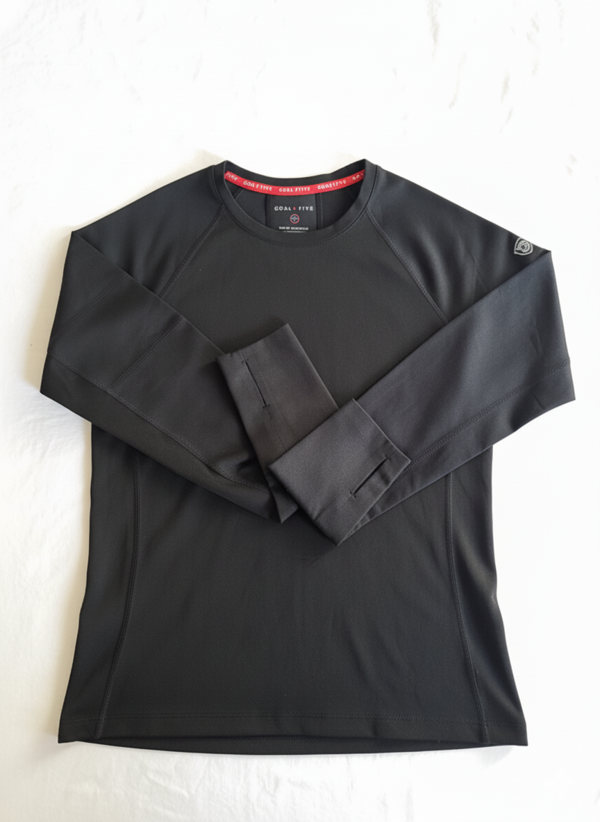 Black Foudy 2.0 long-sleeve crewneck top laid flat with the sleeves crossed