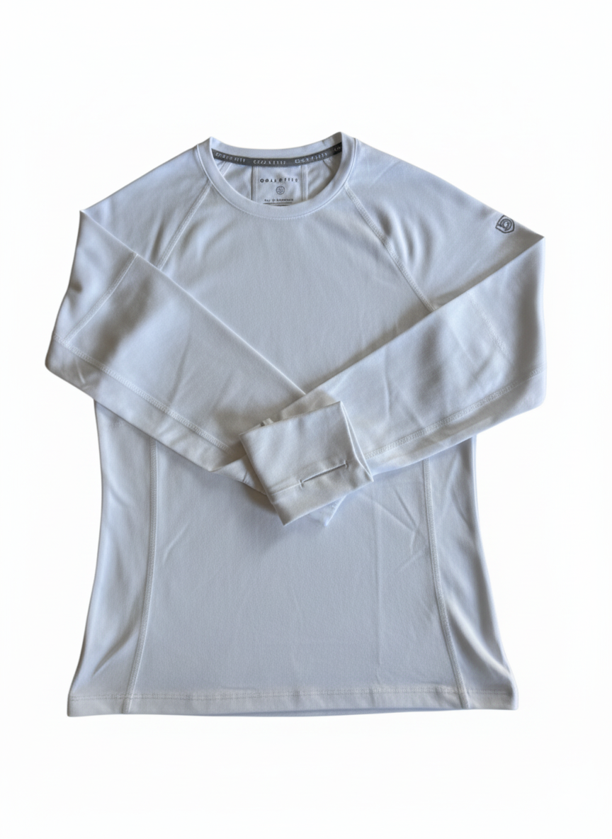Light-colored Foudy 2.0 long-sleeve crewneck top laid flat with the sleeves crossed