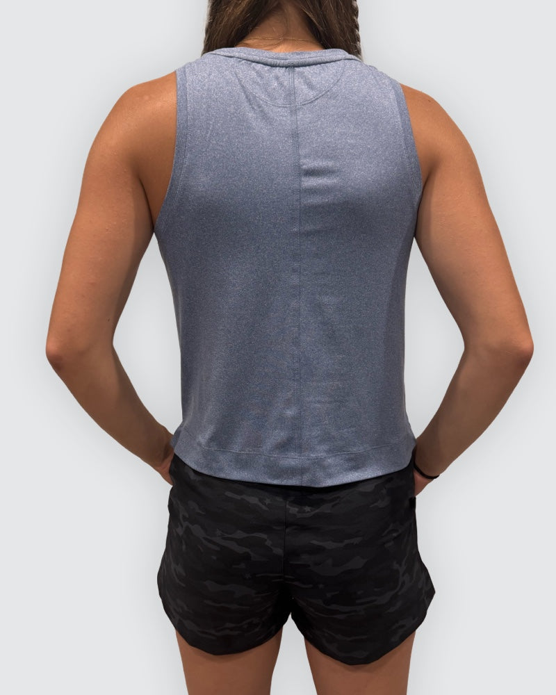 Blue-gray Boxy Crop Tank, back view showing the center seam and cropped hem