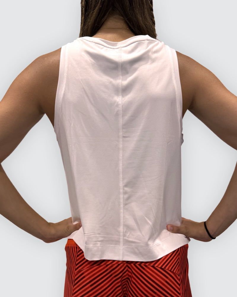 White Boxy Crop Tank, back view showing the center seam and cropped hem