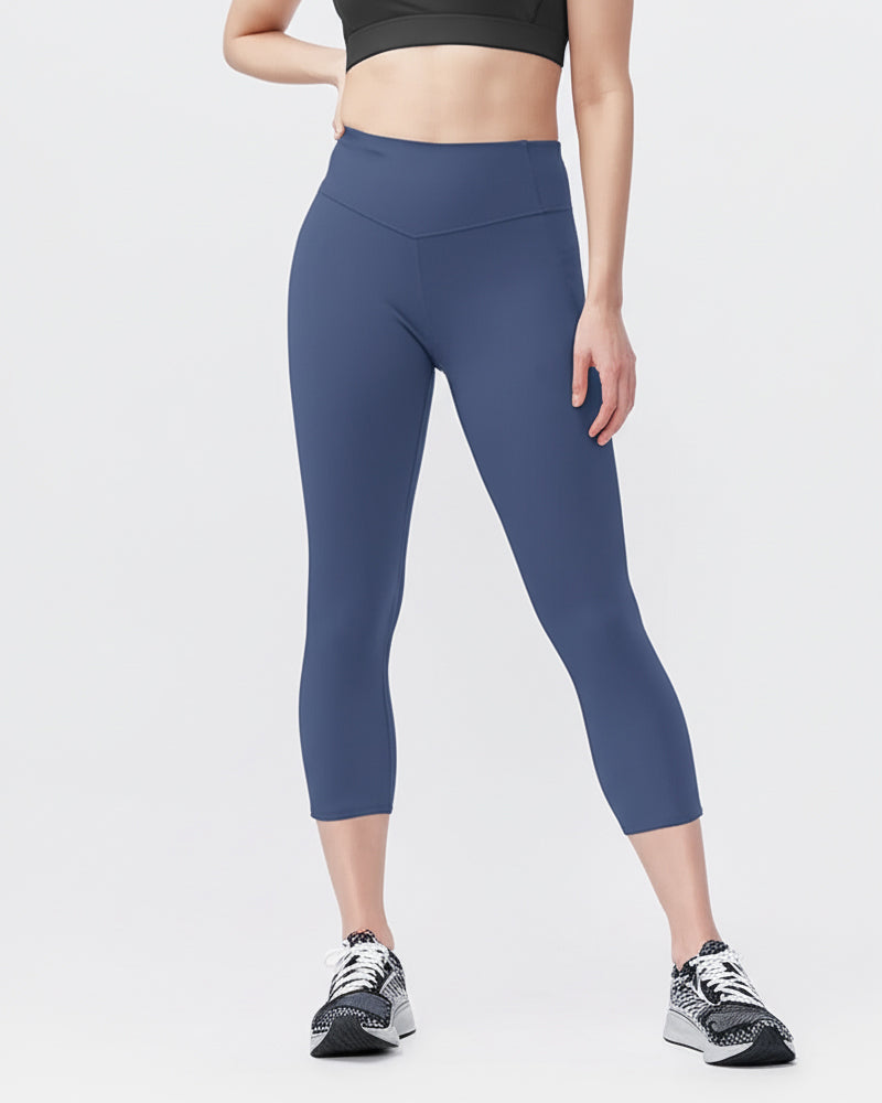 Blue Go Again cropped leggings, front view showing the waistband and calf-length hems