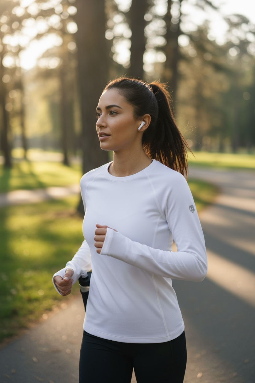 White Foudy 2.0 long-sleeve top worn while jogging on a tree-lined path