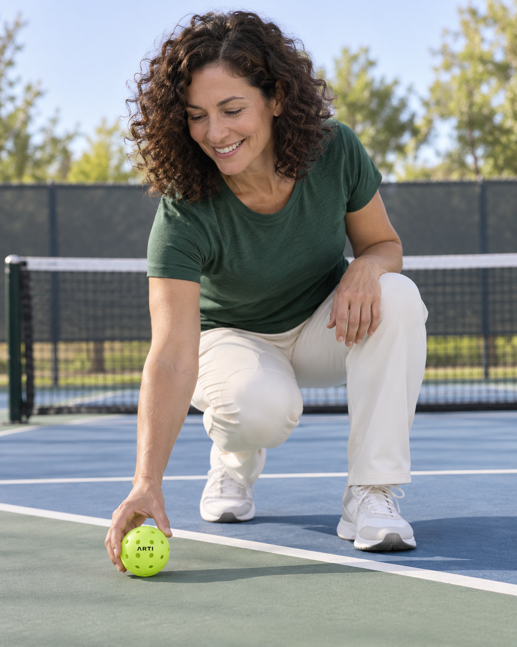 AI-assisted pickleball scene of one adult woman retrieving a single lime-yellow ARTI Outdoor Pickleball from the court. Original supplier photos show product details.