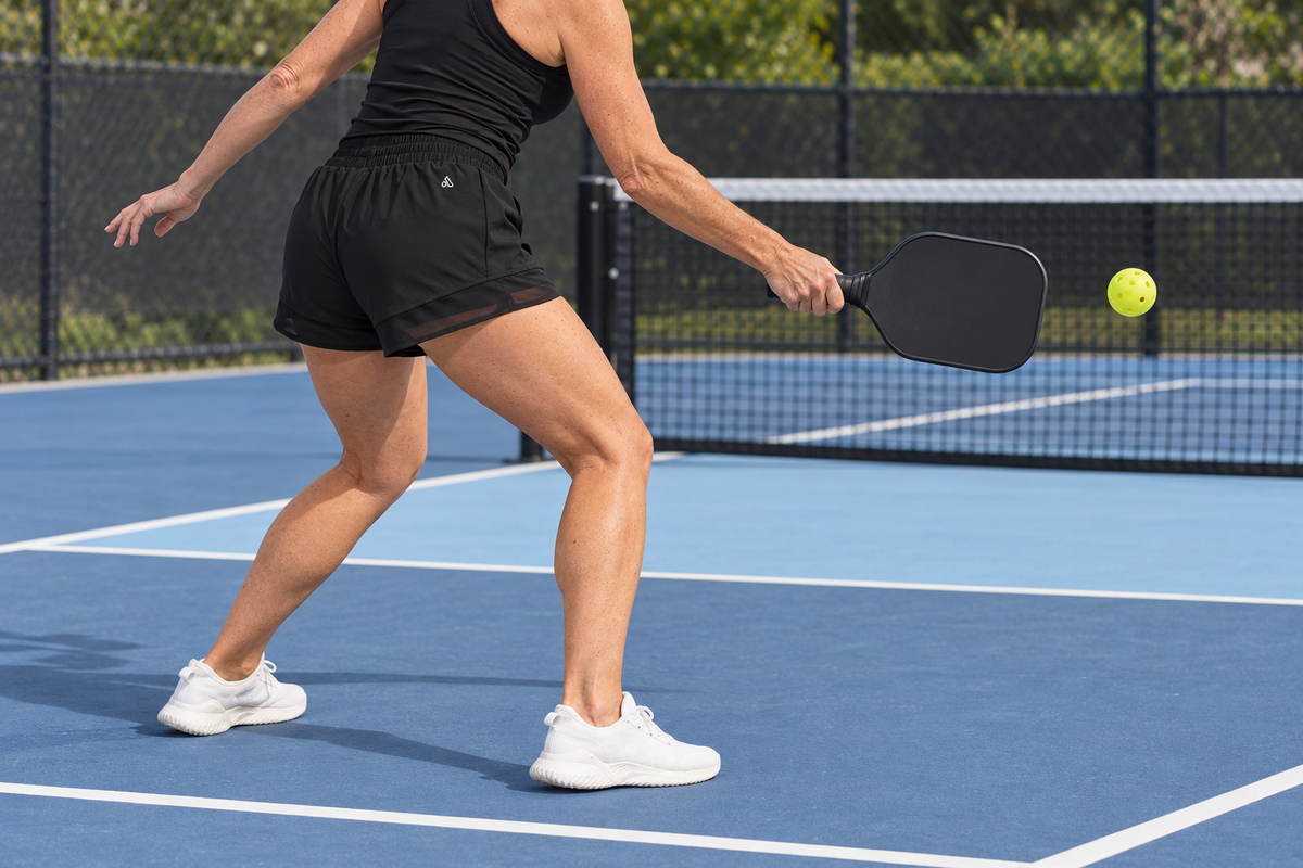 AI-assisted lifestyle image based on supplier photos; Black Empowered V3 shorts shown during pickleball play