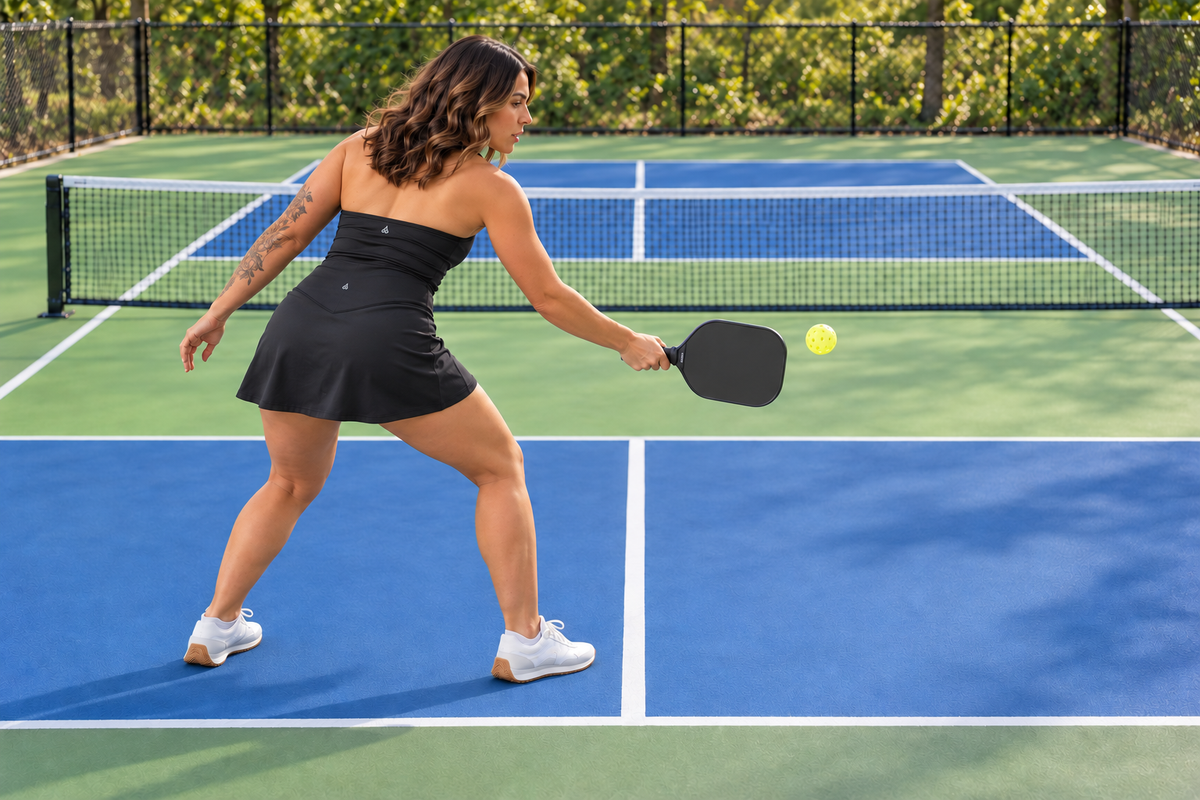 AI-assisted lifestyle image based on supplier photos; Black Legacy skirt, rear three-quarter view of a woman playing pickleball