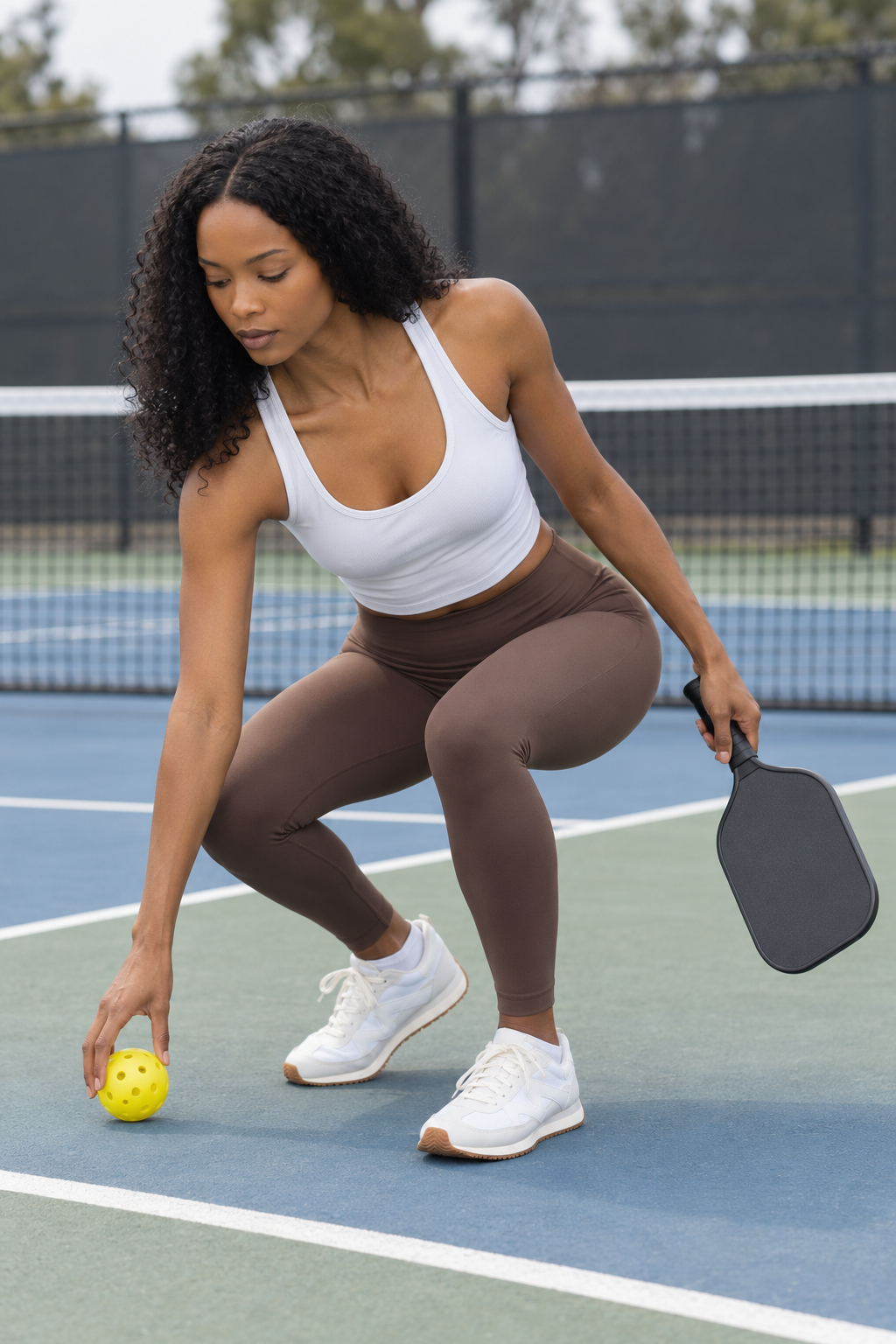 AI-assisted pickleball scene: one adult woman wearing SERENE warrior V2 legging in Café Noir — ball retrieval.